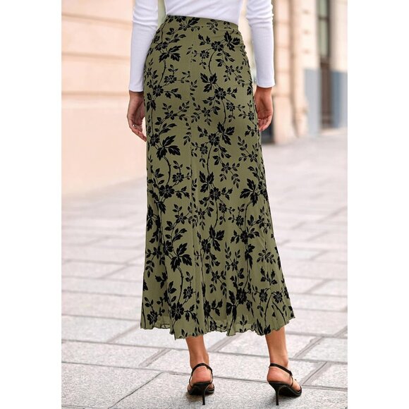 High Waisted Floral Mesh Maxi Skirt - Elegant Mermaid with Lettuce Trim, M Size - Picture 3 of 8